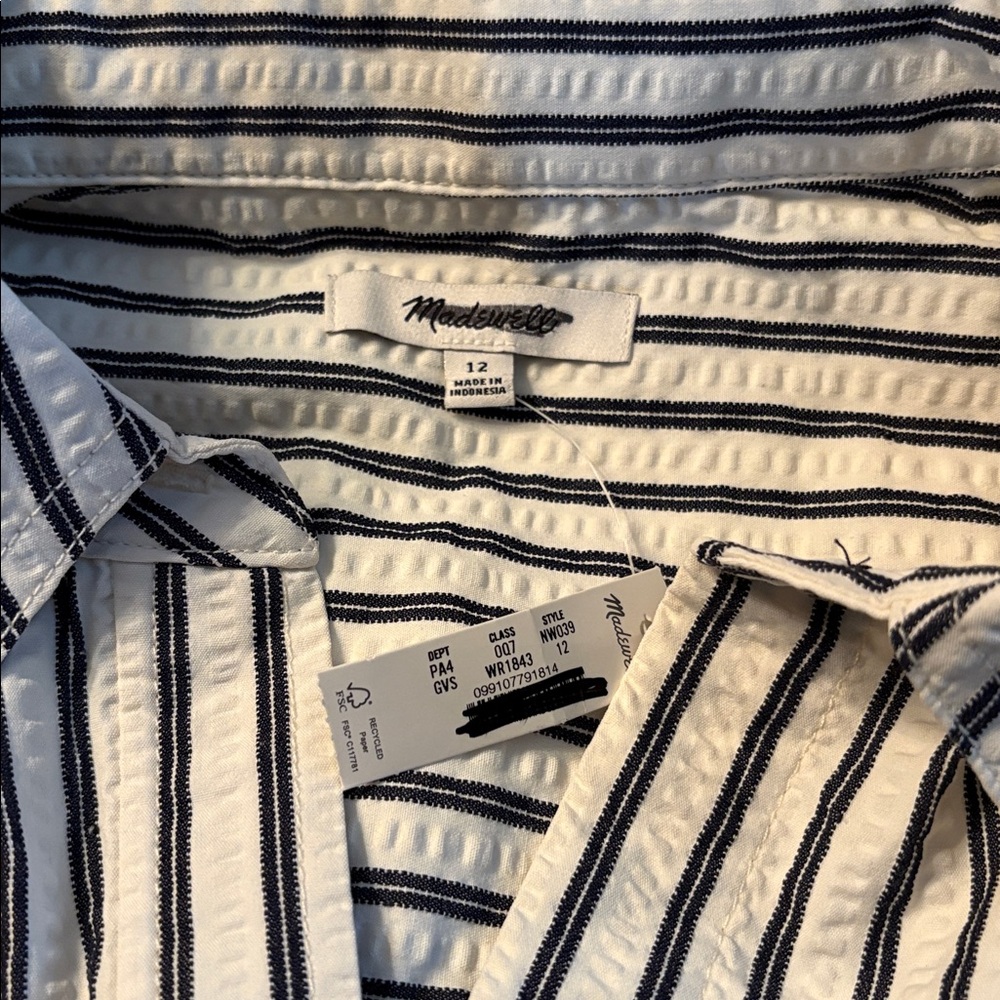 Madewell women’s Tucked Mini Shirtdress seersucker  Grey Stripe Size 12 NWT - Picture 7 of 10